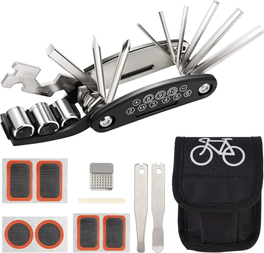 HOLEMZ Kit Outil Vélo 16 en 1 Multi Outil de Réparation de Vélos de Mécanicie Portable Trousse d'Outils de Vélo avec Kit de Patch Leviers de Pneu Accessoires de Vélo